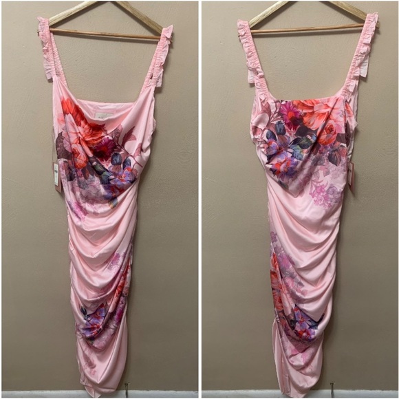 BHLDN Callie Sleeveless Ruched Printed Charmeuse Midi Dress Pink Size XL New NWT - Picture 2 of 16